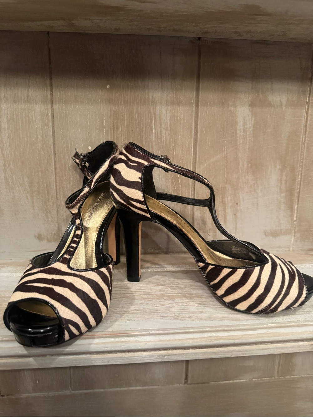 ANTONIO MELANI Zebra-Print T-Strap Peep-Toe Heels in Black and Cream